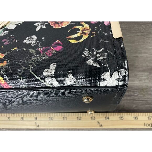 Dasein Black Floral Structured Satchel Tote Purse Gold Hardware Handbag - Picture 8 of 9
